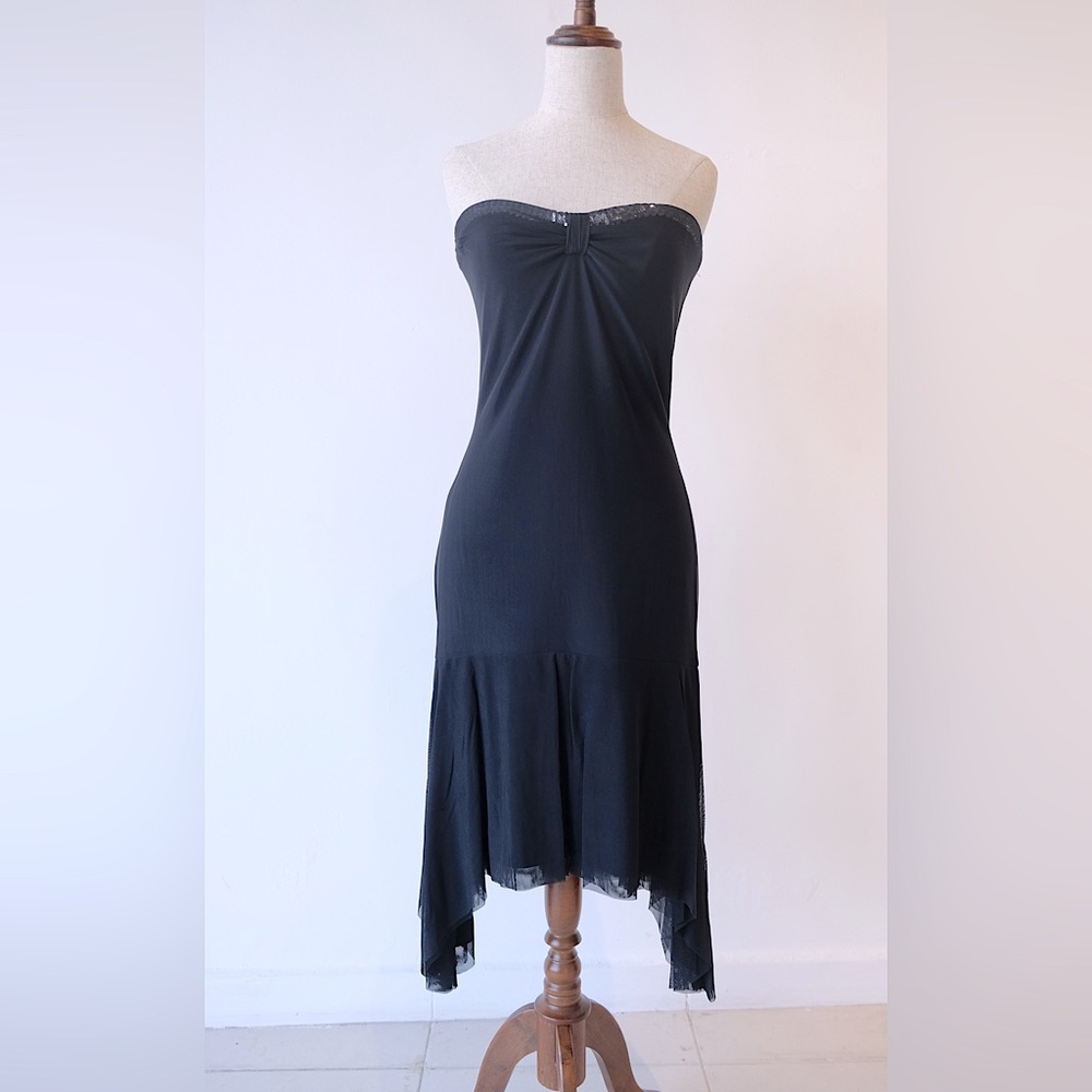 Yigal Azrouel Strapless Black MIDI Dress with beaded trim detail Size 5 NWT